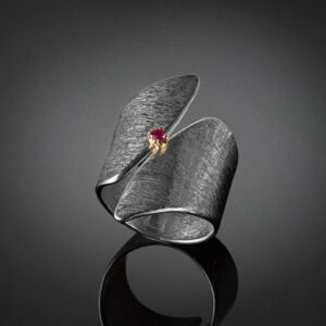 Ring in Oxidized Silver 925 with Yellow Gold 750 (18K) and Ruby