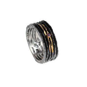 Ring in Oxidized Silver 925 with Yellow Gold 750 and Ruby