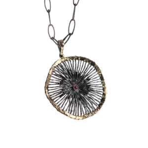 Pendant in Oxidized Silver 925 with 750 Yellow Gold and Ruby