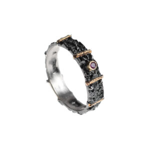 Ring in Oxidized Silver 925 with 750 Yellow Gold and Ruby